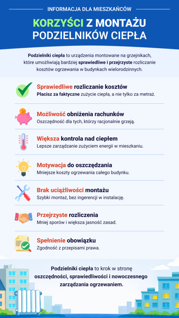 INFORMACJA DLA MIESZKAŃCÓW

KORZYŚCI Z MONTAŻU
PODZIELNIKÓW CIEPŁA

Podzielniki ciepła to urządzenia montowane na grzejnikach, które umożliwiają bardziej sprawiedliwe i przejrzyste rozliczanie kosztów ogrzewania w budynkach wielorodzinnych.

Sprawiedliwe rozliczanie kosztów
Płacisz za faktyczne zużycie ciepła, a nie tylko za metraż.

Możliwość obniżenia rachunków
Oszczędność dla tych, którzy racjonalnie grzeją.

Większa kontrola nad ciepłem
Lepsze zarządzanie zużyciem energii w mieszkaniu.

Motywacja do oszczędzania
Mniejsze koszty ogrzewania całego budynku.

Brak uciążliwości montażu
Szybki montaż, bez ingerencji w instalację.

Przejrzyste rozliczenia
Mniej sporów i większa jasność zasad.

Spełnienie obowiązku
Zgodność z przepisami prawa.

Podzielniki ciepła to krok w stronę oszczędności, sprawiedliwości i nowoczesnego zarządzania ogrzewaniem.